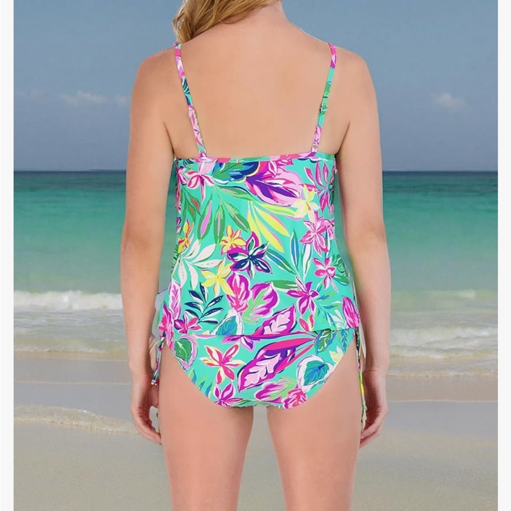 Green and Pink One Piece Swimsuit with Lace-Up Detail - Picture 4 of 4